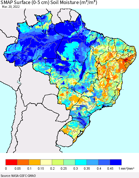 Brazil SMAP Surface (0-5 cm) Soil Moisture (m³/m³) Thematic Map For 3/16/2022 - 3/20/2022