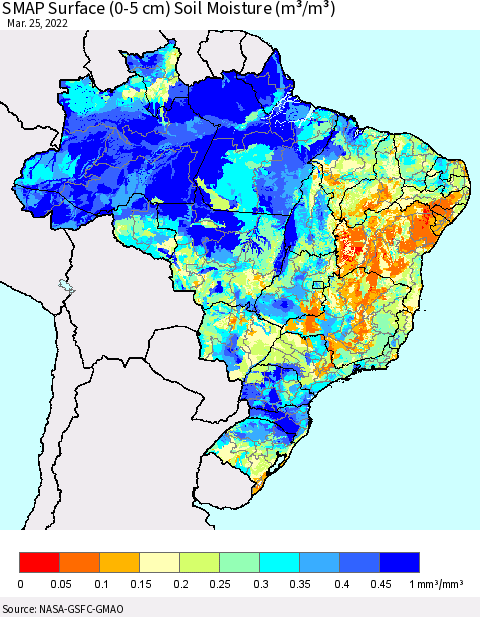 Brazil SMAP Surface (0-5 cm) Soil Moisture (m³/m³) Thematic Map For 3/21/2022 - 3/25/2022