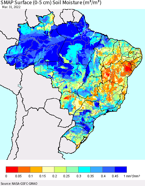 Brazil SMAP Surface (0-5 cm) Soil Moisture (m³/m³) Thematic Map For 3/26/2022 - 3/31/2022