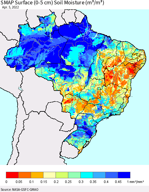 Brazil SMAP Surface (0-5 cm) Soil Moisture (m³/m³) Thematic Map For 4/1/2022 - 4/5/2022