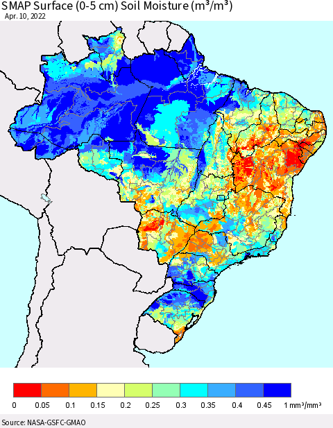 Brazil SMAP Surface (0-5 cm) Soil Moisture (m³/m³) Thematic Map For 4/6/2022 - 4/10/2022