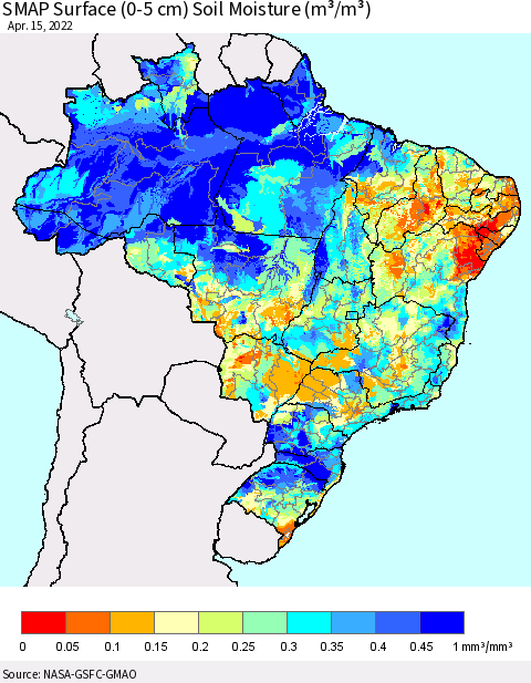 Brazil SMAP Surface (0-5 cm) Soil Moisture (m³/m³) Thematic Map For 4/11/2022 - 4/15/2022