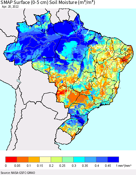 Brazil SMAP Surface (0-5 cm) Soil Moisture (m³/m³) Thematic Map For 4/16/2022 - 4/20/2022
