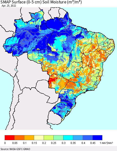 Brazil SMAP Surface (0-5 cm) Soil Moisture (m³/m³) Thematic Map For 4/21/2022 - 4/25/2022