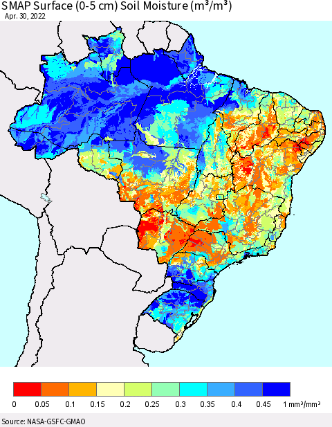 Brazil SMAP Surface (0-5 cm) Soil Moisture (m³/m³) Thematic Map For 4/26/2022 - 4/30/2022