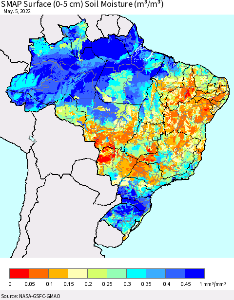 Brazil SMAP Surface (0-5 cm) Soil Moisture (m³/m³) Thematic Map For 5/1/2022 - 5/5/2022