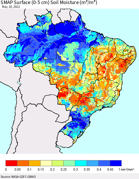 Brazil SMAP Surface (0-5 cm) Soil Moisture (m³/m³) Thematic Map For 5/6/2022 - 5/10/2022