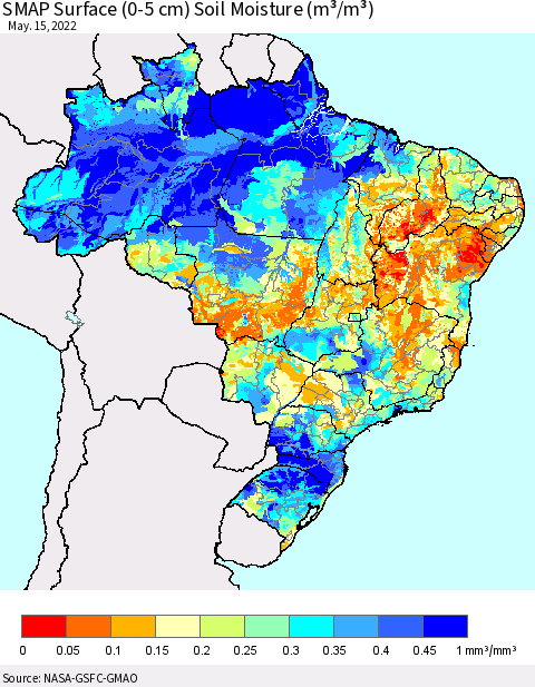 Brazil SMAP Surface (0-5 cm) Soil Moisture (m³/m³) Thematic Map For 5/11/2022 - 5/15/2022