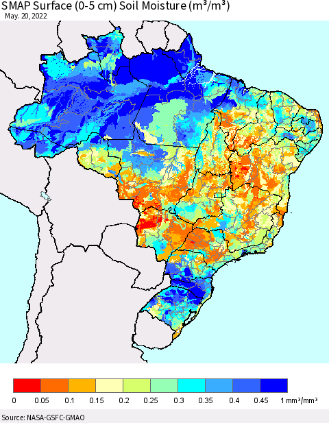 Brazil SMAP Surface (0-5 cm) Soil Moisture (m³/m³) Thematic Map For 5/16/2022 - 5/20/2022