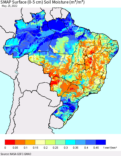 Brazil SMAP Surface (0-5 cm) Soil Moisture (m³/m³) Thematic Map For 5/21/2022 - 5/25/2022