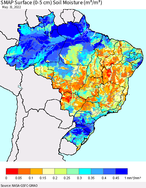 Brazil SMAP Surface (0-5 cm) Soil Moisture (m³/m³) Thematic Map For 5/26/2022 - 5/31/2022