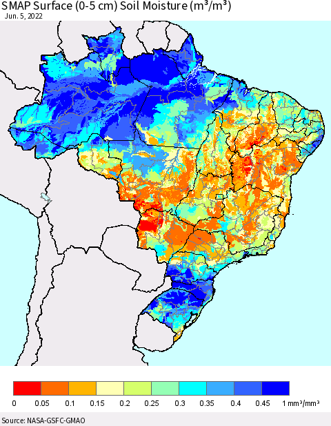 Brazil SMAP Surface (0-5 cm) Soil Moisture (m³/m³) Thematic Map For 6/1/2022 - 6/5/2022