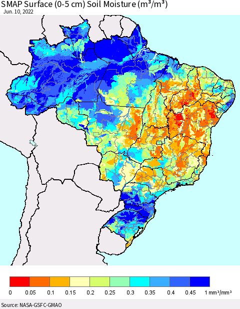 Brazil SMAP Surface (0-5 cm) Soil Moisture (m³/m³) Thematic Map For 6/6/2022 - 6/10/2022
