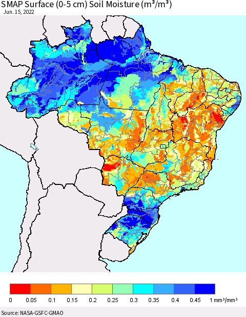 Brazil SMAP Surface (0-5 cm) Soil Moisture (m³/m³) Thematic Map For 6/11/2022 - 6/15/2022