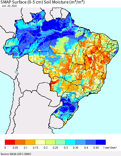 Brazil SMAP Surface (0-5 cm) Soil Moisture (m³/m³) Thematic Map For 6/16/2022 - 6/20/2022