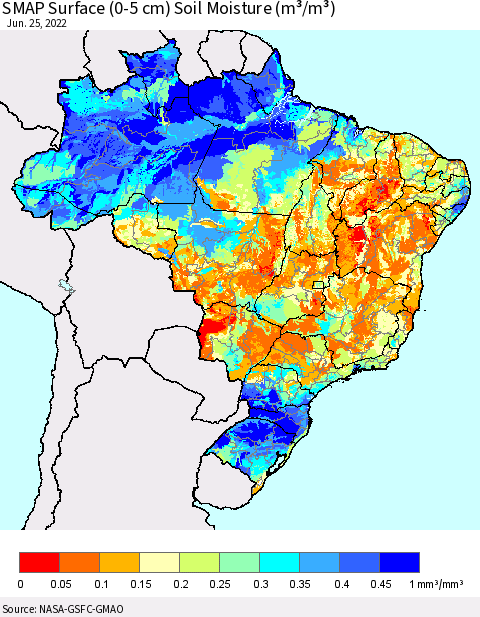 Brazil SMAP Surface (0-5 cm) Soil Moisture (m³/m³) Thematic Map For 6/21/2022 - 6/25/2022