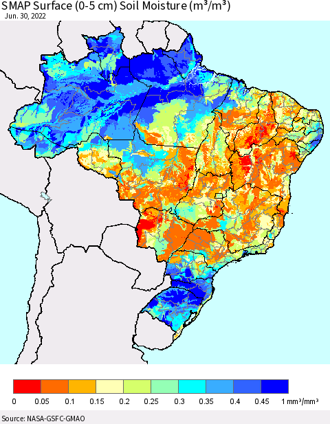 Brazil SMAP Surface (0-5 cm) Soil Moisture (m³/m³) Thematic Map For 6/26/2022 - 6/30/2022