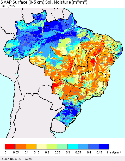 Brazil SMAP Surface (0-5 cm) Soil Moisture (m³/m³) Thematic Map For 7/1/2022 - 7/5/2022