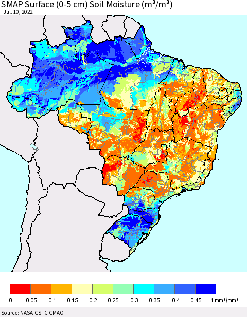 Brazil SMAP Surface (0-5 cm) Soil Moisture (m³/m³) Thematic Map For 7/6/2022 - 7/10/2022