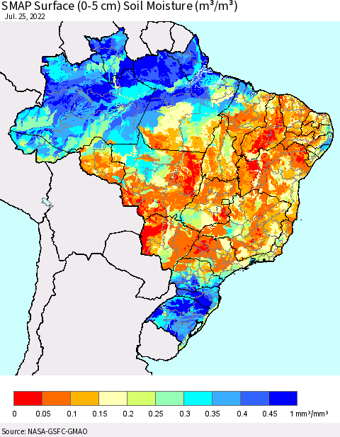 Brazil SMAP Surface (0-5 cm) Soil Moisture (m³/m³) Thematic Map For 7/21/2022 - 7/25/2022
