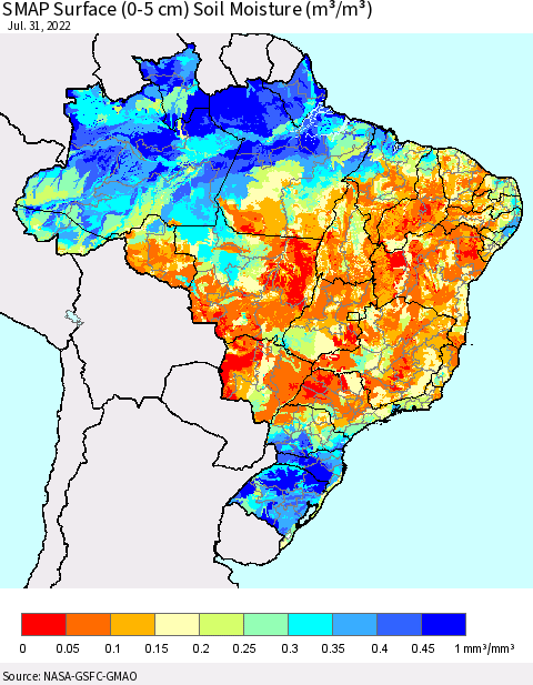 Brazil SMAP Surface (0-5 cm) Soil Moisture (m³/m³) Thematic Map For 7/26/2022 - 7/31/2022