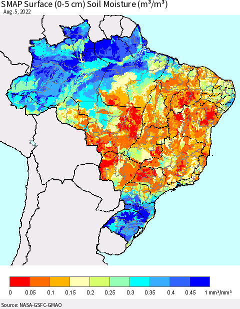 Brazil SMAP Surface (0-5 cm) Soil Moisture (m³/m³) Thematic Map For 8/1/2022 - 8/5/2022
