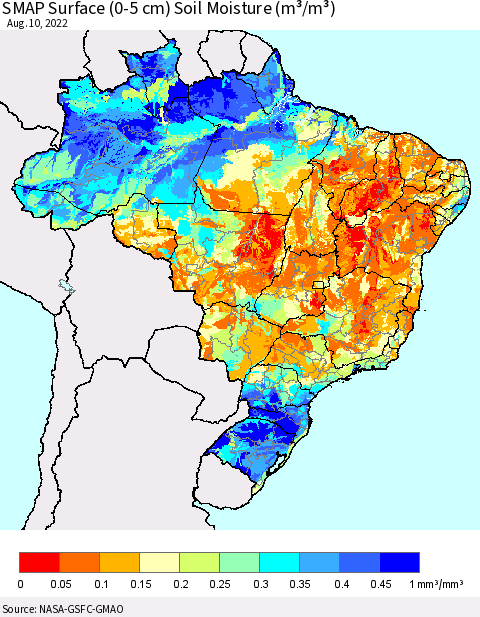 Brazil SMAP Surface (0-5 cm) Soil Moisture (m³/m³) Thematic Map For 8/6/2022 - 8/10/2022