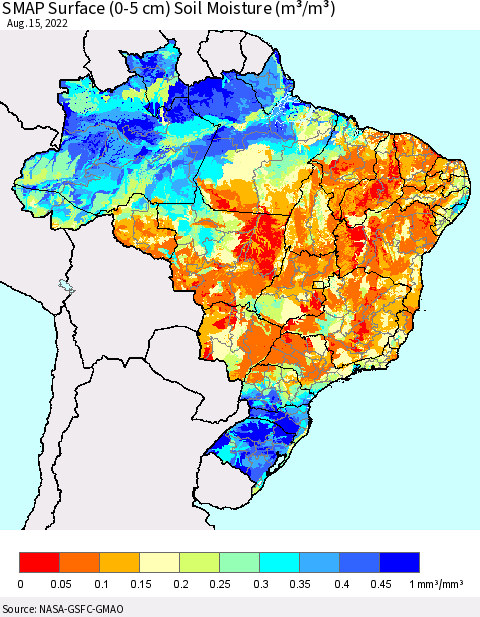 Brazil SMAP Surface (0-5 cm) Soil Moisture (m³/m³) Thematic Map For 8/11/2022 - 8/15/2022