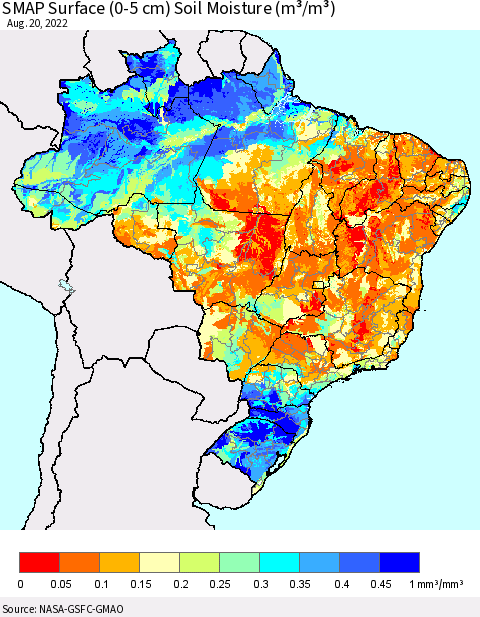 Brazil SMAP Surface (0-5 cm) Soil Moisture (m³/m³) Thematic Map For 8/16/2022 - 8/20/2022
