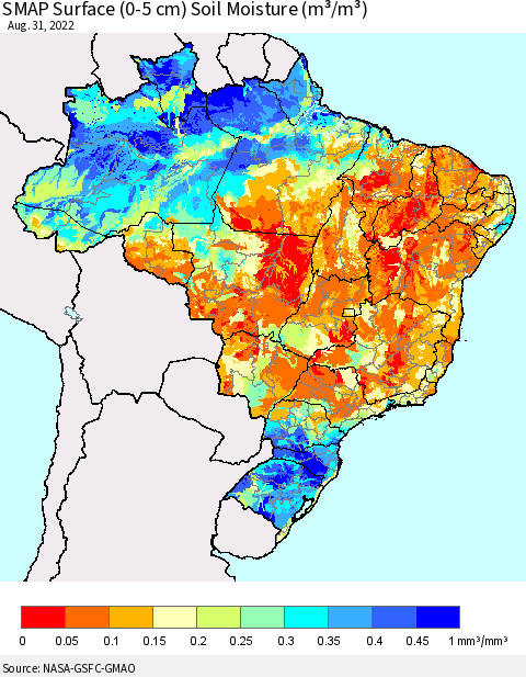 Brazil SMAP Surface (0-5 cm) Soil Moisture (m³/m³) Thematic Map For 8/26/2022 - 8/31/2022