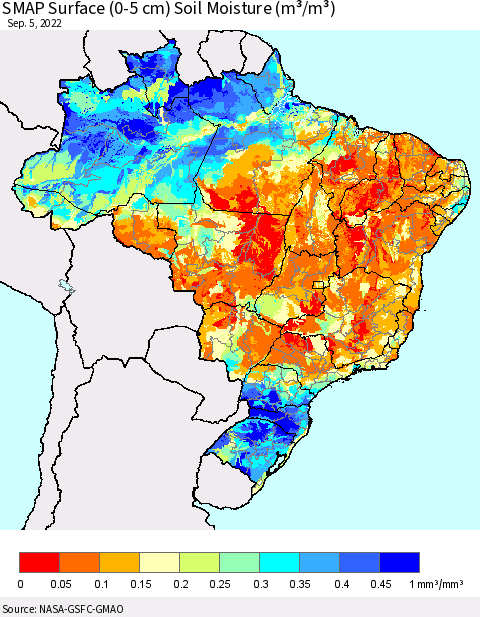 Brazil SMAP Surface (0-5 cm) Soil Moisture (m³/m³) Thematic Map For 9/1/2022 - 9/5/2022