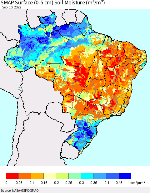 Brazil SMAP Surface (0-5 cm) Soil Moisture (m³/m³) Thematic Map For 9/6/2022 - 9/10/2022
