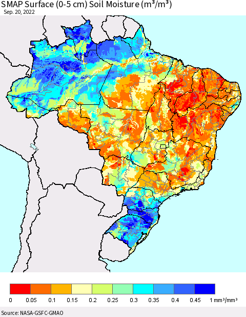 Brazil SMAP Surface (0-5 cm) Soil Moisture (m³/m³) Thematic Map For 9/16/2022 - 9/20/2022