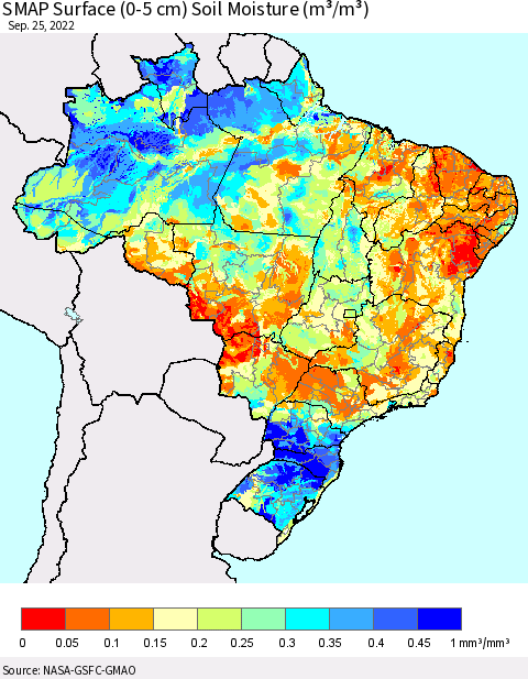 Brazil SMAP Surface (0-5 cm) Soil Moisture (m³/m³) Thematic Map For 9/21/2022 - 9/25/2022