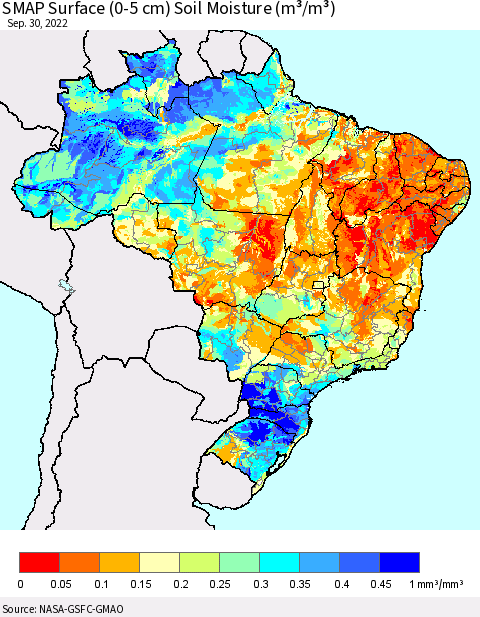 Brazil SMAP Surface (0-5 cm) Soil Moisture (m³/m³) Thematic Map For 9/26/2022 - 9/30/2022
