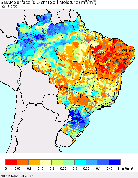 Brazil SMAP Surface (0-5 cm) Soil Moisture (m³/m³) Thematic Map For 10/1/2022 - 10/5/2022