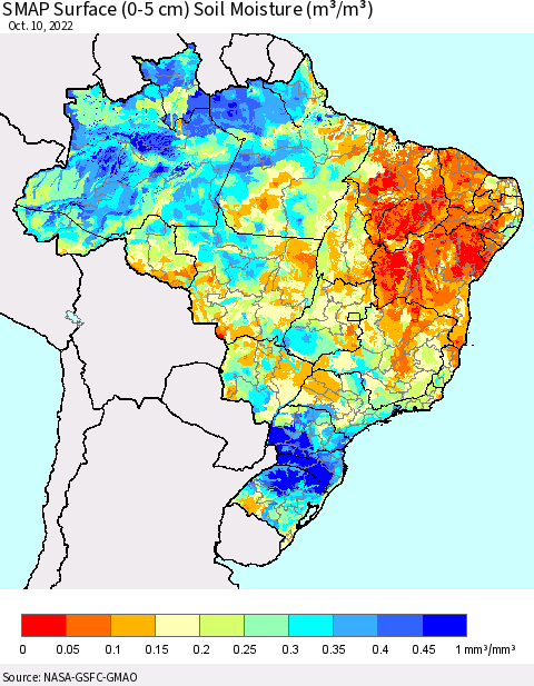 Brazil SMAP Surface (0-5 cm) Soil Moisture (m³/m³) Thematic Map For 10/6/2022 - 10/10/2022