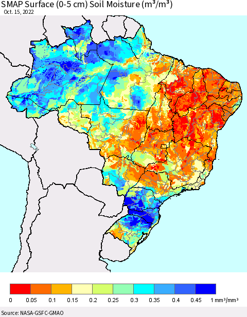 Brazil SMAP Surface (0-5 cm) Soil Moisture (m³/m³) Thematic Map For 10/11/2022 - 10/15/2022