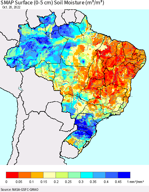 Brazil SMAP Surface (0-5 cm) Soil Moisture (m³/m³) Thematic Map For 10/16/2022 - 10/20/2022