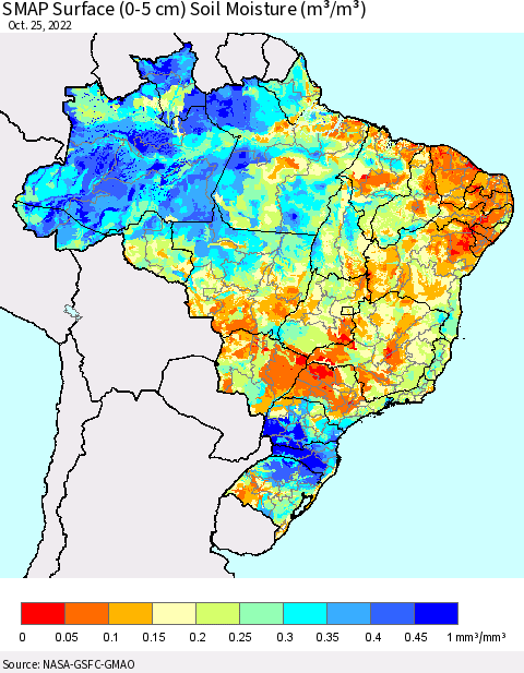 Brazil SMAP Surface (0-5 cm) Soil Moisture (m³/m³) Thematic Map For 10/21/2022 - 10/25/2022