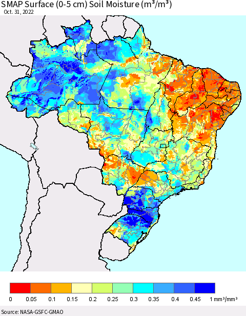 Brazil SMAP Surface (0-5 cm) Soil Moisture (m³/m³) Thematic Map For 10/26/2022 - 10/31/2022