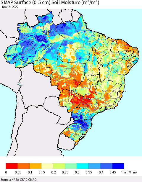 Brazil SMAP Surface (0-5 cm) Soil Moisture (m³/m³) Thematic Map For 11/1/2022 - 11/5/2022