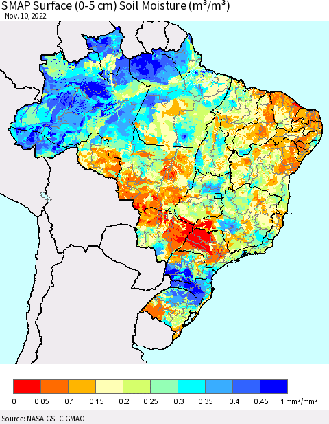 Brazil SMAP Surface (0-5 cm) Soil Moisture (m³/m³) Thematic Map For 11/6/2022 - 11/10/2022