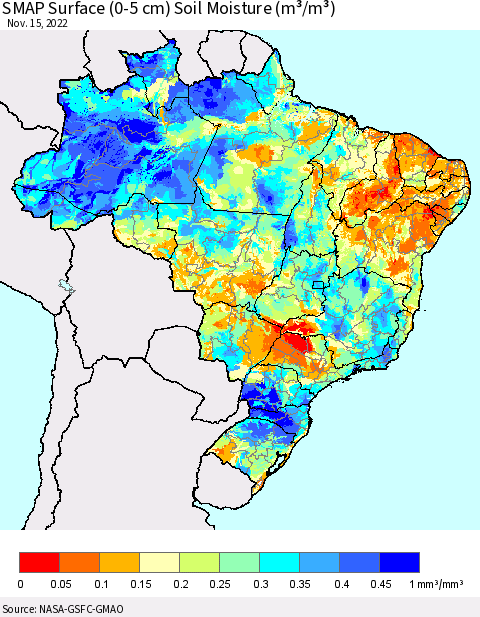 Brazil SMAP Surface (0-5 cm) Soil Moisture (m³/m³) Thematic Map For 11/11/2022 - 11/15/2022