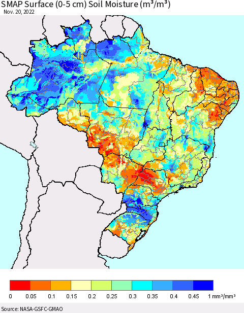 Brazil SMAP Surface (0-5 cm) Soil Moisture (m³/m³) Thematic Map For 11/16/2022 - 11/20/2022