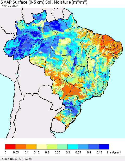 Brazil SMAP Surface (0-5 cm) Soil Moisture (m³/m³) Thematic Map For 11/21/2022 - 11/25/2022