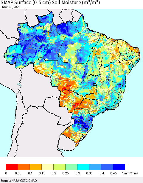 Brazil SMAP Surface (0-5 cm) Soil Moisture (m³/m³) Thematic Map For 11/26/2022 - 11/30/2022