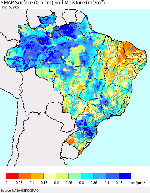 Brazil SMAP Surface (0-5 cm) Soil Moisture (m³/m³) Thematic Map For 12/1/2022 - 12/5/2022
