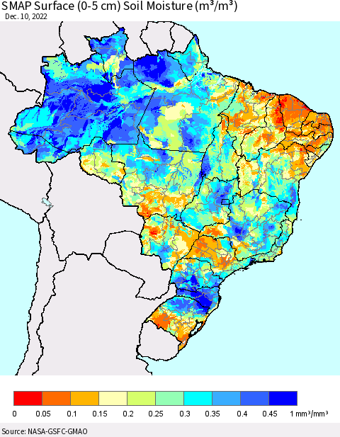 Brazil SMAP Surface (0-5 cm) Soil Moisture (m³/m³) Thematic Map For 12/6/2022 - 12/10/2022