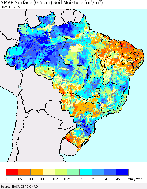 Brazil SMAP Surface (0-5 cm) Soil Moisture (m³/m³) Thematic Map For 12/11/2022 - 12/15/2022